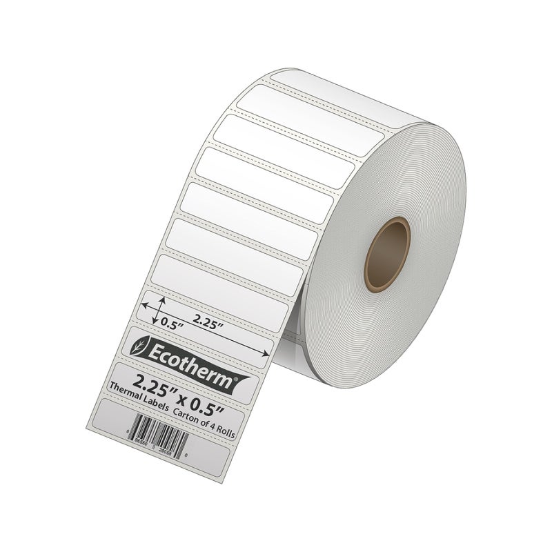 Ecotherm ملصقات حرارية مقاس 2.25 بوصة × .5 بوصة | 4 رول | 13840 تسميات | تناسب طابعات Zebra وMunbyn وRolo وGodex وArkscan وiDPRT وOffnova والمزيد | ملصقات لاصقة بيضاء فارغة من إيكوثيرم - Image 2